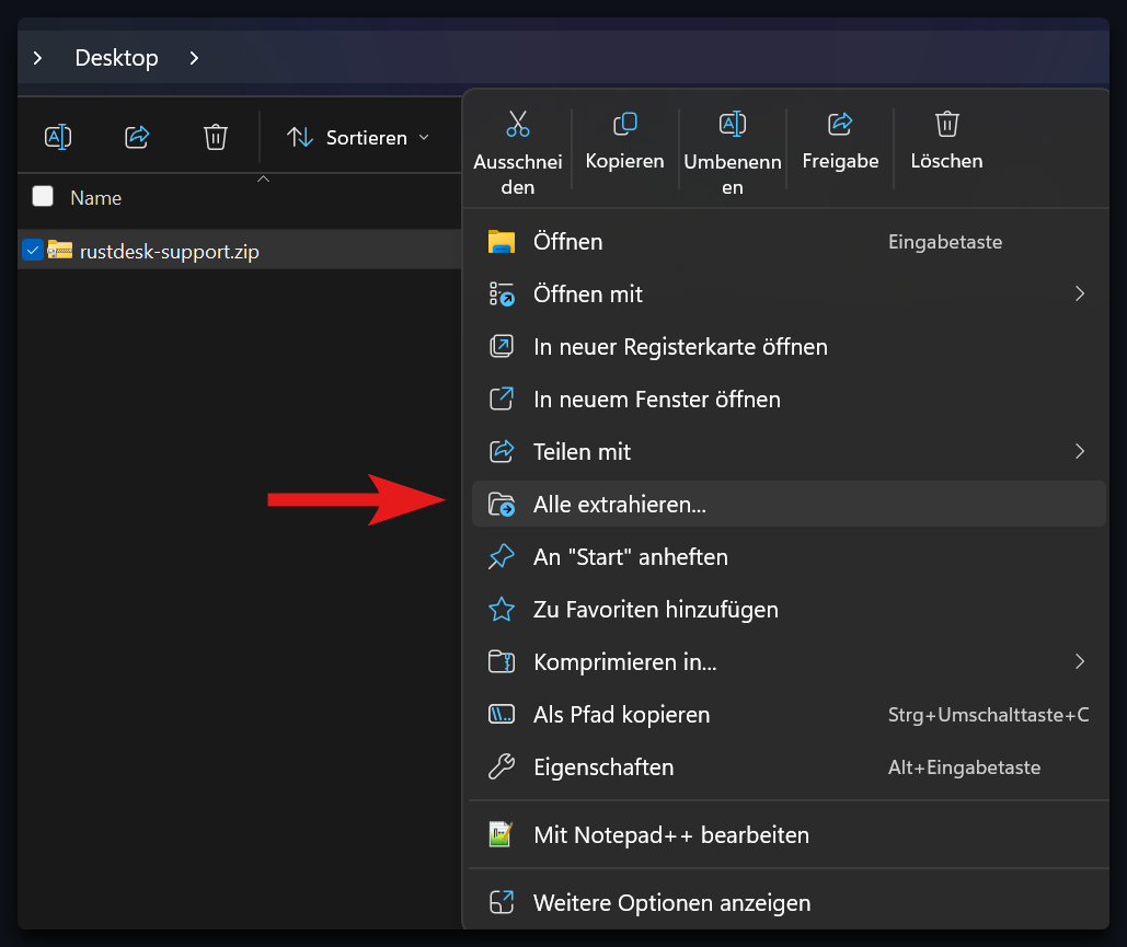Kontextmenü: Zip-Datei entpacken
